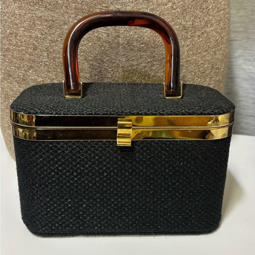 Vintage JR Flordia USA-Box Style Black and Gold Women's Handbag w/ Lucite Handle